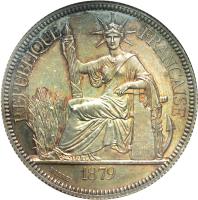 French Cochinchina coin 1 Piastre (1879) obverse obverse of 1 Piastre (1879) coin with KM# E12 from French Cochinchina. Inscription: REPUBLIQUE FRANCAISE 1879