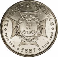 French Guiana coin 5 Francs - Essai (1887) reverse reverse of 5 Francs - Essai (1887) coin with KM# E3 from French Guiana.