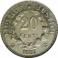 French Guiana coin 20 Centimes - Essai (1887) reverse reverse of 20 Centimes - Essai (1887) coin with KM# E2 from French Guiana.