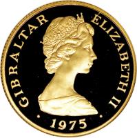 Gibraltar coin 50 Pounds - Elizabeth II - British Pound Sterling - 2'nd Portrait (1975) obverse obverse of 50 Pounds - Elizabeth II - British Pound Sterling - 2'nd Portrait (1975) coin with KM# 8 from Gibraltar. Inscription: GIBRALTAR ELIZABETH II · 1975 ·