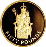 reverse of 50 Pounds - Elizabeth II - British Pound Sterling - 2'nd Portrait (1975) coin with KM# 8 from Gibraltar. Inscription: FIFTY POUNDS