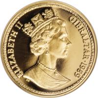 Gibraltar coin 2 Sovereigns - Elizabeth II - Regal Coinage - 3'rd Portrait (1989) obverse obverse of 2 Sovereigns - Elizabeth II - Regal Coinage - 3'rd Portrait (1989) coin with KM# 29 from Gibraltar. Inscription: ELIZABETH II GIBRALTAR · 1989