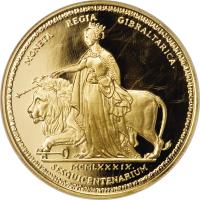 Gibraltar coin 2 Sovereigns - Elizabeth II - Regal Coinage - 3'rd Portrait (1989) reverse reverse of 2 Sovereigns - Elizabeth II - Regal Coinage - 3'rd Portrait (1989) coin with KM# 29 from Gibraltar. Inscription: MONETA REGIA GIBRALTARICA. MCMLXXXIX. SESQUICENTENARIUM