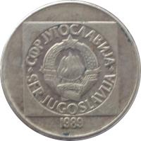 obverse of 100 Dinara (1988 - 1989) coin with KM# 134 from Yugoslavia. Inscription: СФР JУГОСЛАВИJА SFR JUGOSLAVIJA 29 · XI · 1943 1989