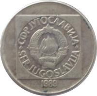Yugoslavia coin 100 Dinara (1988 - 1989) obverse obverse of 100 Dinara (1988 - 1989) coin with KM# 134 from Yugoslavia. Inscription: СФР JУГОСЛАВИJА SFR JUGOSLAVIJA 29 · XI · 1943 1989
