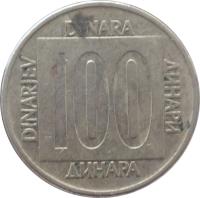 Yugoslavia coin 100 Dinara (1988 - 1989) reverse reverse of 100 Dinara (1988 - 1989) coin with KM# 134 from Yugoslavia. Inscription: 100 ДИНАРА DINARA DINARJEV ДИНАРИ