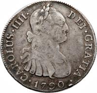 obverse of 4 Reales - Carlos IV (1790 - 1807) coin with KM# 52 from Guatemala. Inscription: CAROLUS IIII DEI GRATIA 1790
