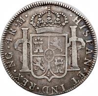 Guatemala coin 4 Reales - Carlos IV (1790 - 1807) reverse reverse of 4 Reales - Carlos IV (1790 - 1807) coin with KM# 52 from Guatemala. Inscription: REX NG 4R M HISPAN ET IND