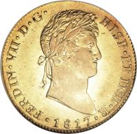 Guatemala coin 4 Escudos - Fernando VII (1817) obverse obverse of 4 Escudos - Fernando VII (1817) coin with KM# 73 from Guatemala. Inscription: HISP · ET IND · R · 1817 · FERDIN · VII · D · G ·