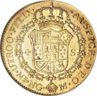 reverse of 4 Escudos - Fernando VII (1817) coin with KM# 73 from Guatemala. Inscription: 4 S · AUSPICE · DEO · M · NG · IN · UTROQ · FELIX ·