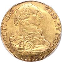 obverse of 8 Escudos - Carlos IV (1789 - 1790) coin with KM# 49 from Guatemala.