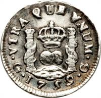 reverse of 1/2 Real - Fernando VI (1754 - 1760) coin with KM# 15 from Guatemala.