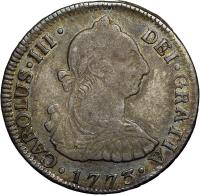 obverse of 2 Reales - Carlos III (1772 - 1785) coin with KM# 34 from Guatemala.