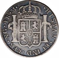Guatemala coin 4 Reales - Carlos IV (1789 - 1790) reverse reverse of 4 Reales - Carlos IV (1789 - 1790) coin with KM# 44 from Guatemala. Inscription: · HISPAN · ET IND · REX · NG · 4R · M ·