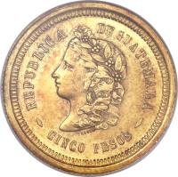 Guatemala coin 5 Pesos (1872 - 1878) obverse obverse of 5 Pesos (1872 - 1878) coin with KM# 198 from Guatemala.