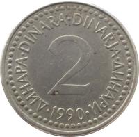 reverse of 2 Dinara (1990 - 1992) coin with KM# 143 from Yugoslavia. Inscription: ДИНАРА · DINARA · DINARJA · ДИНАРИ 2 1990