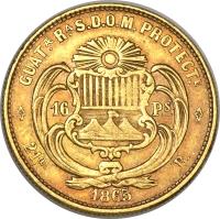 Guatemala coin 16 Pesos (1865) reverse reverse of 16 Pesos (1865) coin with KM# 185 from Guatemala.