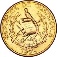 obverse of 20 Quetzales (1926) coin with KM# 246 from Guatemala.