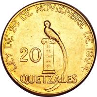reverse of 20 Quetzales (1926) coin with KM# 246 from Guatemala.