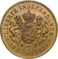 Haiti coin 10 Centimes - Faustin I (1855) reverse reverse of 10 Centimes - Faustin I (1855) coin with KM# Pn69 from Haiti. Inscription: LIBERTE' INDEPENDANCE *10 C. 1855*