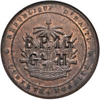 obverse of 1 Gourde (1889) coin with KM# 51 from Haiti. Inscription: B.P.1G/GL.H