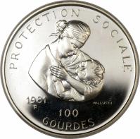 reverse of 100 Gourdes - Anniversary of presidency (1981) coin with KM# 158 from Haiti. Inscription: PROTECTION SOCIALE 1981 R VALLUCCI 100 GOURDES