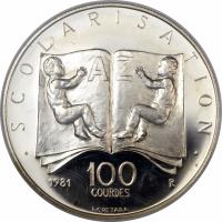 Haiti coin 100 Gourdes - Anniversary of presidency (1981) reverse reverse of 100 Gourdes - Anniversary of presidency (1981) coin with KM# 159 from Haiti. Inscription: SCOLARISATION AZ 100 GOURDES 1981 R