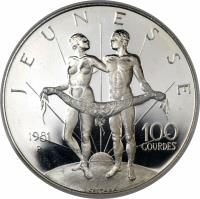 Haiti coin 100 Gourdes - Anniversary of presidency (1981) reverse reverse of 100 Gourdes - Anniversary of presidency (1981) coin with KM# 160 from Haiti. Inscription: JEUNESSE 1981 R 100 GOURDES L. CRETARA