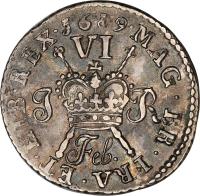 Ireland coin 6 Pence - James II - Gun Money (1689) reverse reverse of 6 Pence - James II - Gun Money (1689) coin with SP# 6583k from Ireland. Inscription: MAG · BR · FRA · ET · HIB · REX · Feb. 1689