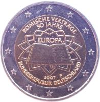 Germany coin 2 Euro - Treaty of Rome (2007) obverse obverse of 2 Euro - Treaty of Rome (2007) coin with KM# 259 from Germany. Inscription: RÖMISCHE VERTRÄGE 50 JAHRE EUROPA 2007 D BUNDESREPUBLIK DEUTSCHLAND