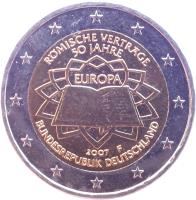 obverse of 2 Euro - Treaty of Rome (2007) coin with KM# 259 from Germany. Inscription: RÖMISCHE VERTRÄGE 50 JAHRE EUROPA 2007 D BUNDESREPUBLIK DEUTSCHLAND