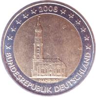 obverse of 2 Euro - Federal States: Hamburg (2008) coin with KM# 261 from Germany. Inscription: HAMBURG G OE BUNDESREPUBLIK DEUTSCHLAND 2008