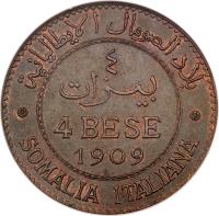 reverse of 4 Bese - Vittorio Emanuele III (1909) coin with KM# Pr3 from Italian Somaliland.