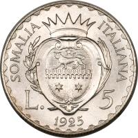 Italian Somaliland coin 5 Lire - Vittorio Emanuele III (1925) reverse reverse of 5 Lire - Vittorio Emanuele III (1925) coin with KM# 7 from Italian Somaliland. Inscription: SOMALIA ITALIANA L. 5 1925