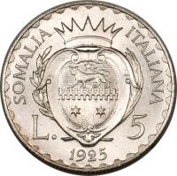 reverse of 5 Lire - Vittorio Emanuele III (1925) coin with KM# 7 from Italian Somaliland. Inscription: SOMALIA ITALIANA L. 5 1925