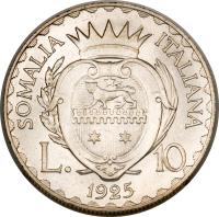 reverse of 10 Lire - Vittorio Emanuele III (1925) coin with KM# 8 from Italian Somaliland. Inscription: SOMALIA ITALIANA L. 10 1925