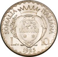 Italian Somaliland coin 10 Lire - Vittorio Emanuele III (1925) reverse reverse of 10 Lire - Vittorio Emanuele III (1925) coin with KM# 8 from Italian Somaliland. Inscription: SOMALIA ITALIANA L. 10 1925