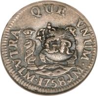 Jamaica coin 5 Pence - Counterstamped (1757 - 1758) obverse obverse of 5 Pence - Counterstamped (1757 - 1758) coin with KM# 1.3 from Jamaica.