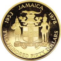 Jamaica coin 250 Dollars - Elizabeth II - Coronation (1978) obverse obverse of 250 Dollars - Elizabeth II - Coronation (1978) coin with KM# 78 from Jamaica. Inscription: 1953 JAMAICA 1978 OUT OF MANY, ONE PEOPLE TWO HUNDRED FIFTY DOLLARS