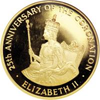 Jamaica coin 250 Dollars - Elizabeth II - Coronation (1978) reverse reverse of 250 Dollars - Elizabeth II - Coronation (1978) coin with KM# 78 from Jamaica. Inscription: 25th ANNIVERSARY OF THE CORONATION · ELIZABETH II ·