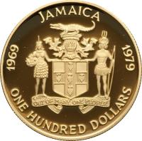 obverse of 100 Dollars - Elizabeth II - Investiture of Prince Charles (1979) coin with KM# 82 from Jamaica. Inscription: JAMAICA 1969 1979 ONE HUNDRED DOLLARS