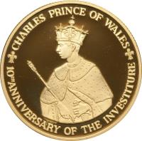 reverse of 100 Dollars - Elizabeth II - Investiture of Prince Charles (1979) coin with KM# 82 from Jamaica. Inscription: CHARLES PRINCE OF WALES 10TH ANNIVERSARY OF THE INVESTITURE