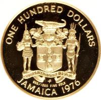 obverse of 100 Dollars - Elizabeth II - Admiral Horatio Nelson (1976) coin with KM# 72 from Jamaica. Inscription: ONE HUNDRED DOLLARS OUT OF MANY, ONE PEOPLE 900/1000 FINE GOLD JAMAICA 1976