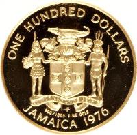 Jamaica coin 100 Dollars - Elizabeth II - Admiral Horatio Nelson (1976) obverse obverse of 100 Dollars - Elizabeth II - Admiral Horatio Nelson (1976) coin with KM# 72 from Jamaica. Inscription: ONE HUNDRED DOLLARS OUT OF MANY, ONE PEOPLE 900/1000 FINE GOLD JAMAICA 1976