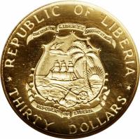 obverse of 30 Dollars - President Tubman (1965) coin with KM# 22 from Liberia. Inscription: REPUBLIC OF LIBERIA THIRTY DOLLARS