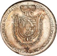 Liechtenstein coin 1/2 Thaler - Franz Joseph I (1778) reverse reverse of 1/2 Thaler - Franz Joseph I (1778) coin with C# 5 from Liechtenstein. Inscription: OPP · & · CARN · DUX · COM · RITTB · S · C · M · CONS · INT · AUR · VELLERIS · EQUES · 1778 ·