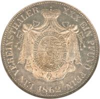 Liechtenstein coin 1 Vereinsthaler - Johann II (1862) reverse reverse of 1 Vereinsthaler - Johann II (1862) coin with Y# 1 from Liechtenstein. Inscription: EIN VEREINSTHALER XXX EIN PFUND FEIN 1862