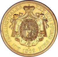 Liechtenstein coin 1 Thaler - Johann II (1862) reverse reverse of 1 Thaler - Johann II (1862) coin with Y# 1a from Liechtenstein. Inscription: EIN VEREINSTHALER XXX EIN PFUND FEIN M 1862