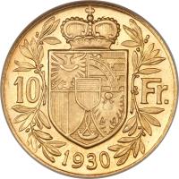Liechtenstein coin 10 Francs - Franz I (1930) reverse reverse of 10 Francs - Franz I (1930) coin with Y# 11 from Liechtenstein. Inscription: 10 Fr. 1930