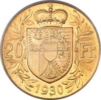 Liechtenstein coin 20 Francs - Franz I (1930) reverse reverse of 20 Francs - Franz I (1930) coin with Y# 12 from Liechtenstein. Inscription: 20 Fr. 1930